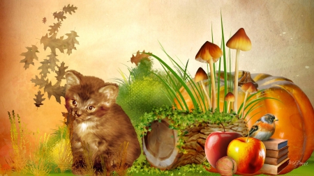 Fall Friends - nut, bird, apples, kitten, artwork, pumpkin, leaves