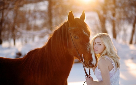 Cowgirl and Her Horse - horse, cowgirl, winter, blonde, snow