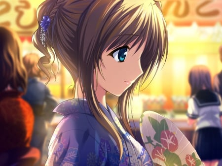 Japanese Festival - fan, blue eyes, wallpaper, game cg, kouenji sayuka, beat angel escalayer, anime, kimono, japanese clothes, festival