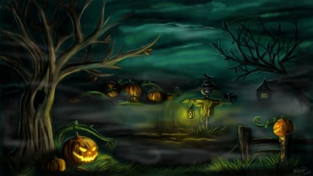 Dark Halloween - moon, trees, pumpkins, lights, artwork, night, tree