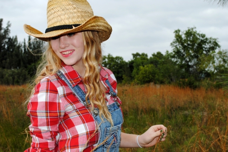 Country Girl - hat, cowgirl, field, coveralls