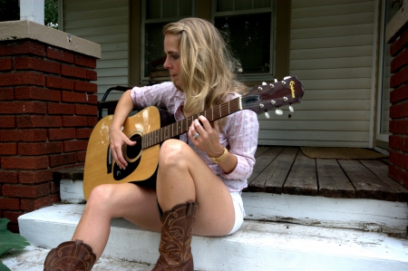 Guitar Playing Cowgirl - cowgirlo, shorts, boots, guitar