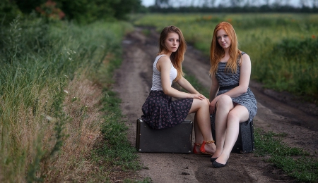 Waiting for the car - pretty, road, girl, bags