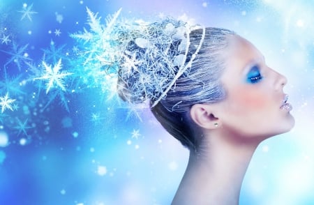 Winter - women, face, ice, snowflakes, makeup