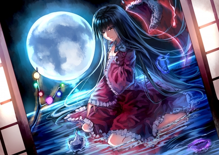 Dim Moonlite - maiden, beautiful, anime girl, girl, lady, magic, wet, houraisan kaguya, touhou, pretty, water, beauty, sweet, anime, night, dress, long hair, nice, lovely, moon, female