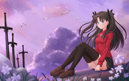 Tohsaka Rin - pretty, anime, female, tohsaka rin, long hair, rin, sit, nice, sitting, sky, tohsaka, anime girl, skirt, girl, sword, lovely, brown hair, sweet, blade, blouse, black hair, cloud, sexy, fate stay night