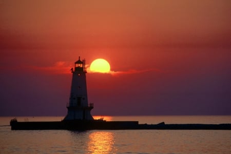 Beautiful Sunset - lighthouse, clouds, sunset, sea, nature