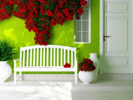 Flowers - bench, flowers, door, red