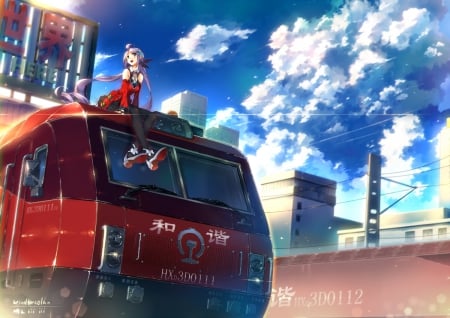 Red Truck - pretty, anime, female, scenery, scene, hd, nice, sky, anime girl, realistic, beautiful, girl, beauty, lovely, sweet, truck, cg, cloud