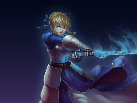 Saber - nice, saber, beauty, female, magic, knight, blond, simple, anime girl, blade, armor, blond hair, pretty, blonde hair, anime, excalibur, sword, girl, lovely, fate stay night, cg, hd, blue, plain, beautiful, weapon, sweet, blonde