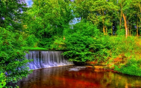 WATER FALLING into the COPPER LAKE - autumn, sky, trees, waterfall, forest waterfal, rocks, branches, colors of nature, landscape, nature, green nature, forest, wild, green leaves, waterfal, splendor, bright colors