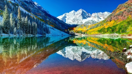 Mountain Lake in Colorado - usa, fall, trees, autumn, snow, colors, reflection