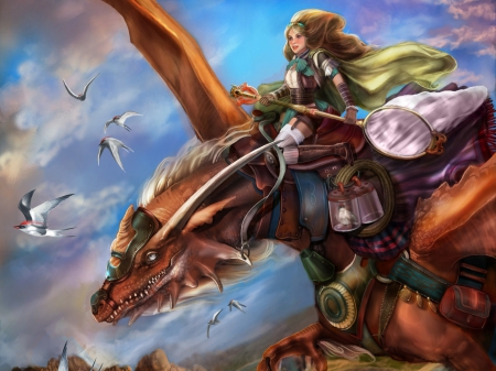 dragon rider - flying, dragon, sky, rider