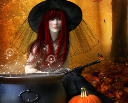 â˜…Magical Witchâ˜… - photomanipulation, redhead, models, fantasy, creative pre-made, pumpkins, halloween, digital art, cauldron, spell, butterflies, magical, witch, love four seasons, weird things people wear, beautiful, splendor, leaves, colors, butterfly designs