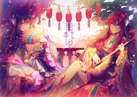 Oriental Room - girls, music, oriental, orginal, fan, long hair, lantern