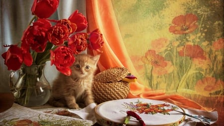 Cute Kitten - embroidery, tulips, kitten, ginger, red, cute, still life