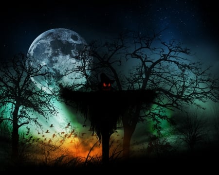 Halloween Night - moon, trees, scarecrow, dark, scary