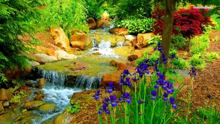 Waterfall in Spring Garden - flowers, landscapes, waterfalls, gardens