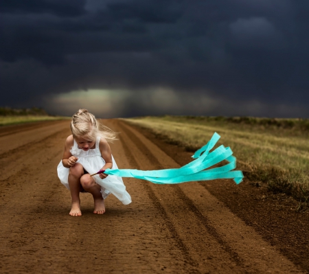 Breath of Heaven - road, girl, clouds, wind