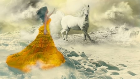 In a dream world - clouds, dreamer, sea, horse, dreams, fantasy, woman, waves, dream world, long dress, white stallion, brunette