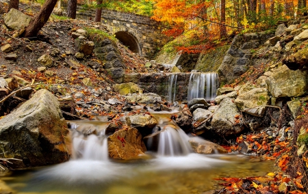 Autumn Waterfall - fall, trees, river, leaves, stones, colors, rocks