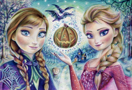 Anna and Elsa ( Halloween) - frozen, halloween, elsa, anna, pumpkin