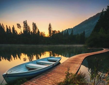 Lonely boat - colors, lake, lonely boat, evening