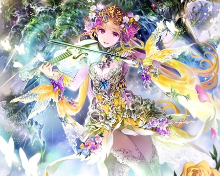 Bahamut - magic, music, anime girl, crown, art, purple, yellow, musician, petals, birds, lady, long hair, nature, forest, pink, beautiful, sweet, dress, beauty, woman, nice, trees, female, fantasy, garland, angelic, gorgeous, pretty, anime, cute, maiden, girl, instruments, soft, lovely, sublime, blue, flowers, violin, colors, whit, flower