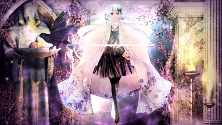 Stunning - water, crow, pink, beautiful, anime, color, sword, flowers, dress