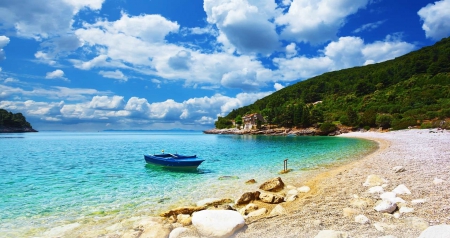 Emerald Water Beach - clouds, house, cove, hills, summer, beach, beautiful, boat, sea, sand, Croatia