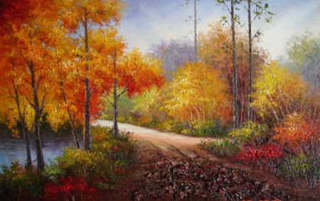 Autumn Day - water, autumn, trees, road