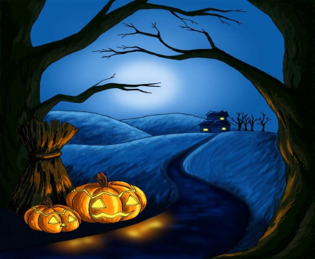 The Road Home - house, moon, trees, pumpkins, road, night