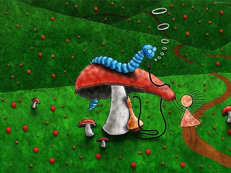 alice in wonderland - alice, catarpillar, mushroom, wonderland