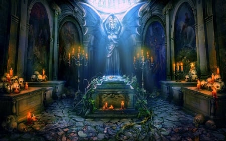 Crypt Scene - creative pre-made, digital art, holidays, statues, architecture, dark, skulls, horror, halloween, candles, love four seasons, crypt scene, creepy