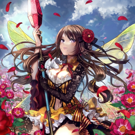 Fairy Lance - pretty, anime, female, blossom, dress, lance, long hair, spwear, nice, anime girl, beautiful, hot, girl, beauty, lovely, brown hair, sweet, flower, petals, fairy, sexy