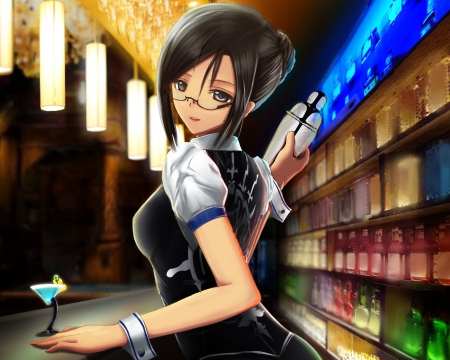 Bartender - pretty, anime, shelf, female, bartender, scene, maiden, light, dark, bar, uniform, wine, hd, nice, anime girl, realistic, bottle, shaker, beautiful, girl, lovely, sweet, black, counter, lady, 3d, ebauty