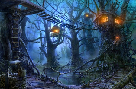 Tree Houses of Horror - houses, forests, trees, creative pre-made, halloween, love four seasons, holidays, dark, digital art, scenery, architecture, horror, paintings, landscapes