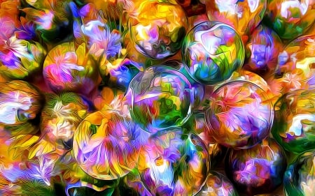 Bubbles - yellow, poster, flower, pink, purple, green, painting, bubbles, art