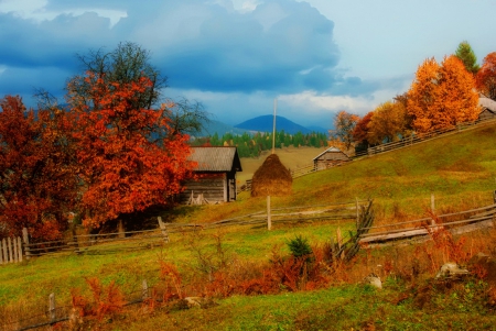 Autumn village - slope, autumn, mountain, trees, peaceful, foliage, serenity, nature, village, fall, beautiful