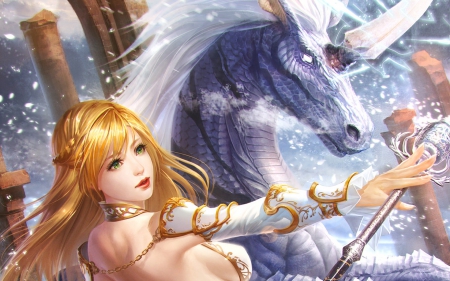 Fantasy girl and dragon - fantasy, game, blonde, dragon, girl, art