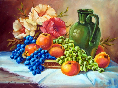 Autumn still life - pretty, vase, grape, beautiful, lovely, still life, bouquet, harmony, flowers, colorful, autumn, painting, fruits, art