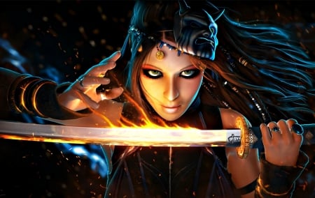 Sorceress - sorceress, blue, girl, sword, beauty, fantasy, mask, fire, woman, gipsy