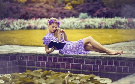 Sunday relaxing time - woman, purple, yellow, girl, park, book, dress