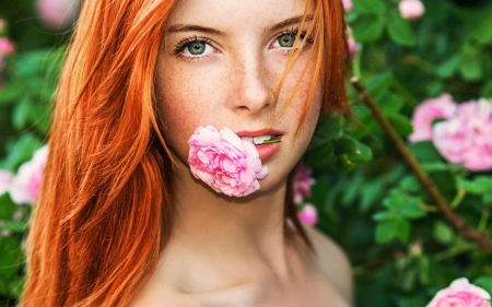 redhead - beauty, redhead, rose, flower