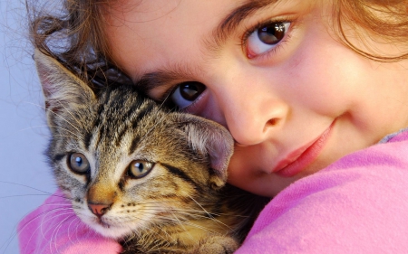 Two beauties - beauty, girl, cat, pink, animal, child, kitten