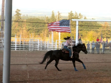 Rodeo Cowgirl - women, girls, fence, westerns, female, cowgirls, outdoors, rodeo, horses, america, flags