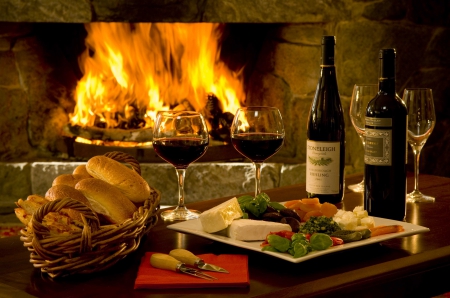 By the fireplace - two, autumn, winter, fireplace, wine, fire, eating out, romance, table, bottles, tall glasses, moments