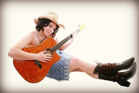 Cowgirl With Her Guitar - cowgirl, guitar, hat, singer, brunette, boots