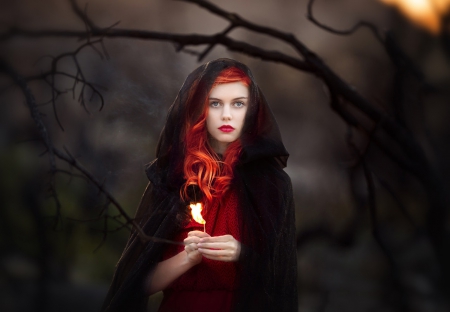 Flame - woman, flame, forest, red