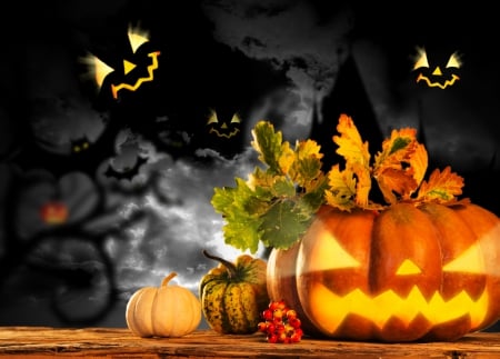 Halloween Night - scary, bats, barries, pumpkin, halloween background, night, glowing, clouds, table, leaves, house